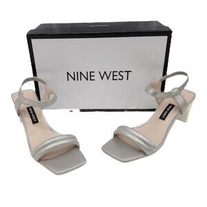 Nine West Dark Silver Metallic Urgreat Square Toe Leather Ankle Strap Sandals 5